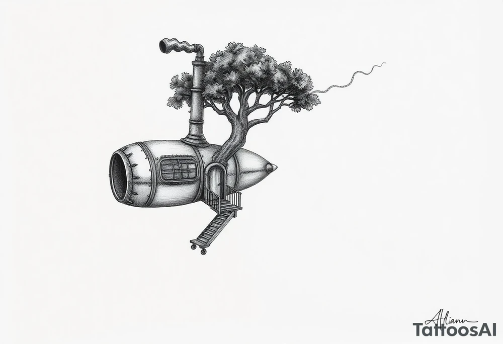 with a steam punk vibe i want you to create a picture of a flying machine that is very intricate that has a neat looking tree growing out of the top, and in the tree i want the smoke stack or exhaust pipe to be coing out of the top of the tree with black fumes trailing behind the machine as it is flying through the air. the tree also should have a neat looking tree house with intricate steam punk windows and a door, and a very intricate and neat staircase that goes down to the top of the machine. remember this picture should be in color and have a definite steam punk look to it. tattoo idea