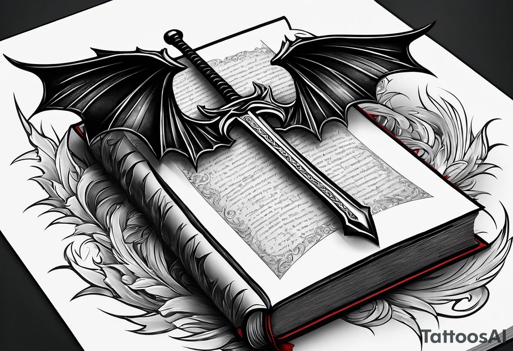 an empty open book with a sword through it, dragonwings and sparks surrounding the book. small design tattoo idea