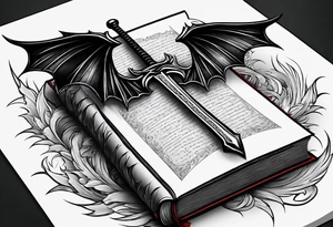 an empty open book with a sword through it, dragonwings and sparks surrounding the book. small design tattoo idea