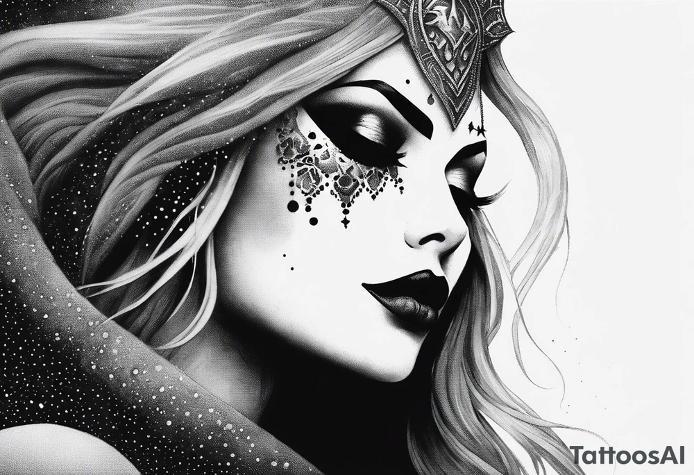 Idea for a pointillism tattoo of Sylvanas Banshee mode with some smoke around from World of Warcraft, black and white tattoo idea