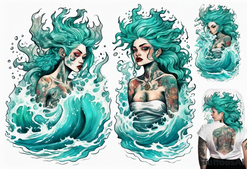 a beautiful female sea demon with turquoise hair standing in the sea surrounded by crashing waves tattoo idea