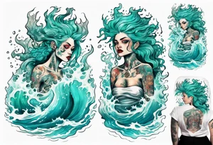 a beautiful female sea demon with turquoise hair standing in the sea surrounded by crashing waves tattoo idea
