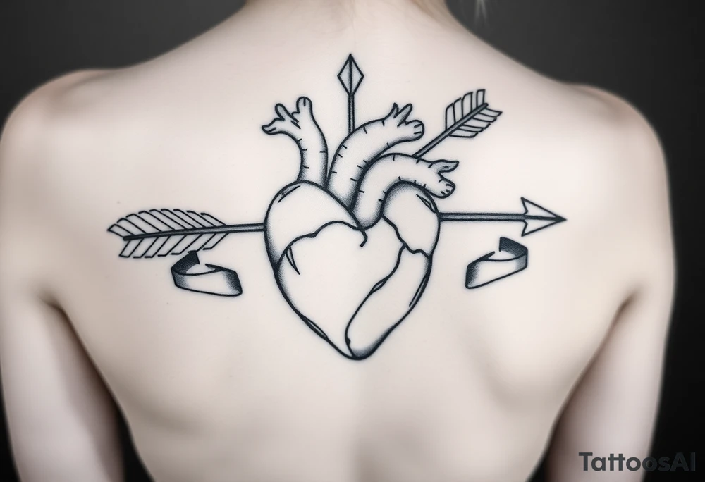 anatomical heart pierced by ornate arrow with flowing ribbons tattoo idea