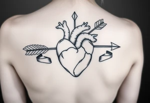 anatomical heart pierced by ornate arrow with flowing ribbons tattoo idea