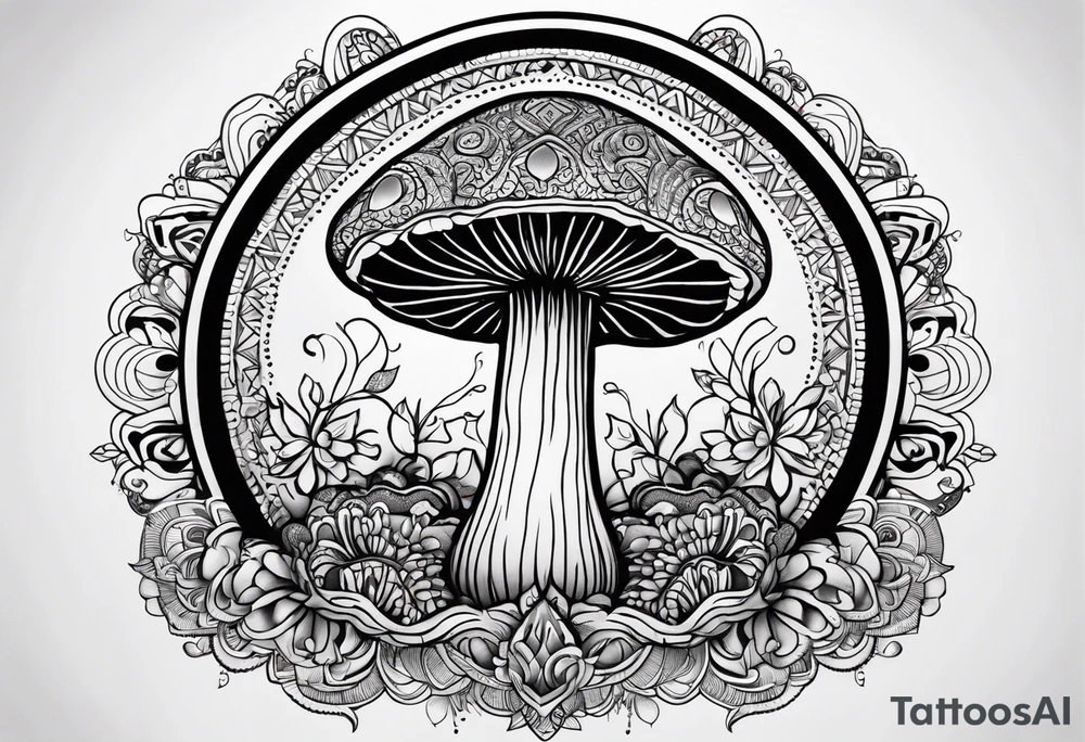 Black mushroom tattoo with henna style mandala design surrounding it tattoo idea