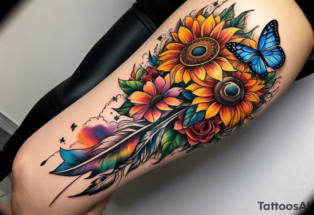 Quarter Leg sleeve with dreamcatcher, rainbow sunflowers and one butterfly tattoo idea