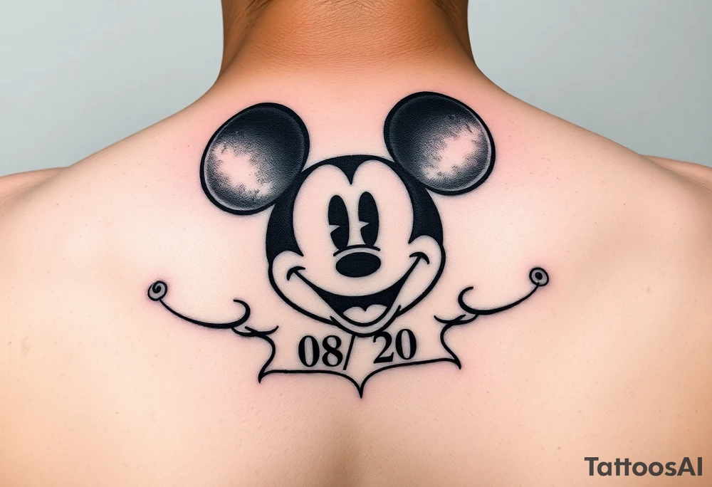 mickey mouse symbol with the name Galileo and the date 08/14/20 incorporated tattoo idea