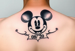 mickey mouse symbol with the name Galileo and the date 08/14/20 incorporated tattoo idea