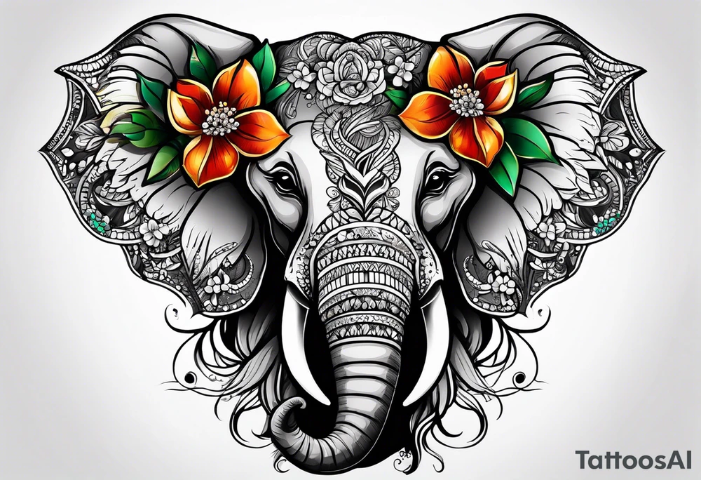 elephant face with flowers tattoo idea