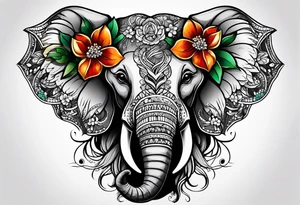 elephant face with flowers tattoo idea
