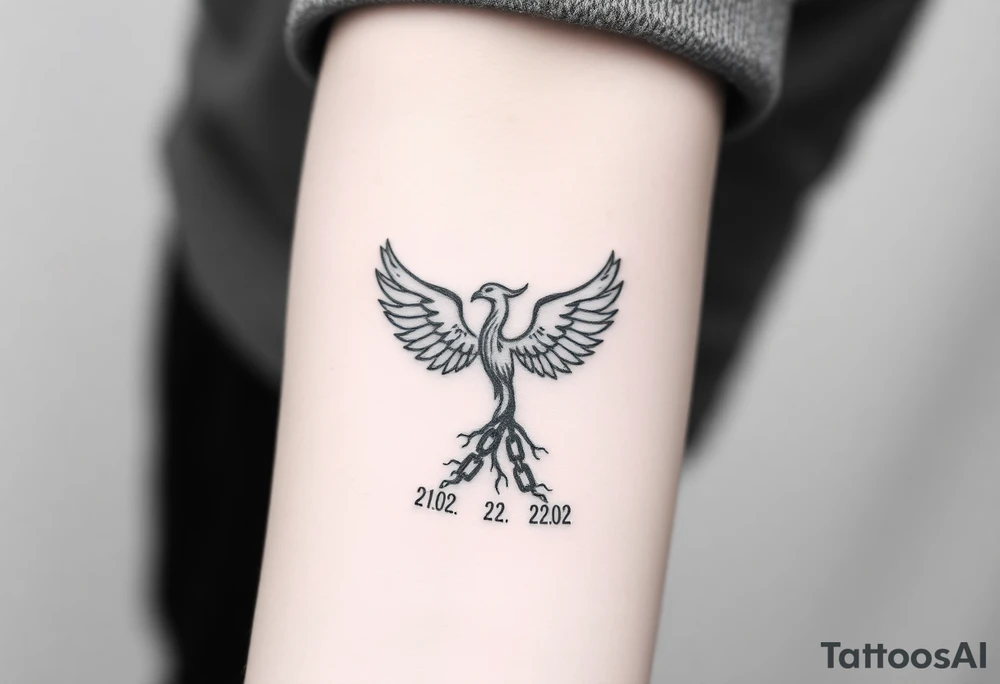 Create a minimalist tattoo design symbolizing personal rebirth. Phoenix or tree breaking through chains, representing freedom from addiction, self-forgiveness, and inner strength. Incorporate dates 21.02 and 22.02 subtly. Emphasize journey of healing, self-love, and dignity. tattoo idea