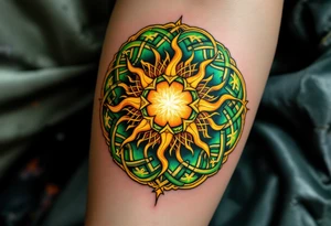 This golden Celtic sun, with emerald green knotwork, glows like an ancient druidic emblem on the forearm. tattoo idea