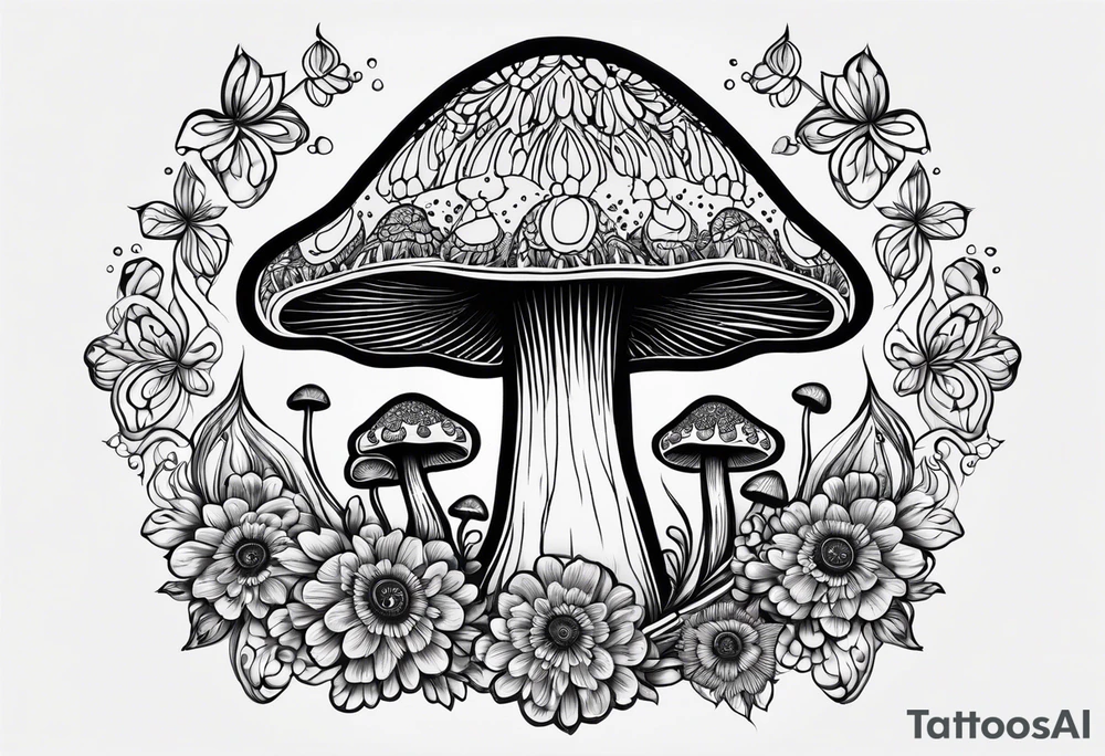 Large Shaggy cap mushroom dripping ink off cap with 4 smaller mushrooms around it mandala henna black tattoo design tattoo idea