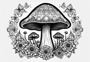 Large Shaggy cap mushroom dripping ink off cap with 4 smaller mushrooms around it mandala henna black tattoo design tattoo idea