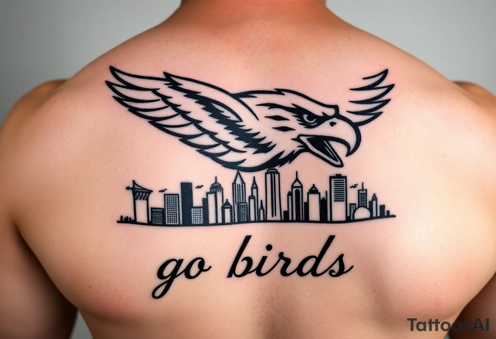 Philadelphia Eagle classic logo flying over Philadelphia city skyline with the words go Birds under it tattoo idea