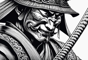 samurai with a hannya mask that covers half of his face who is in a slightly tilted posture holding a katana in an attack position tattoo idea