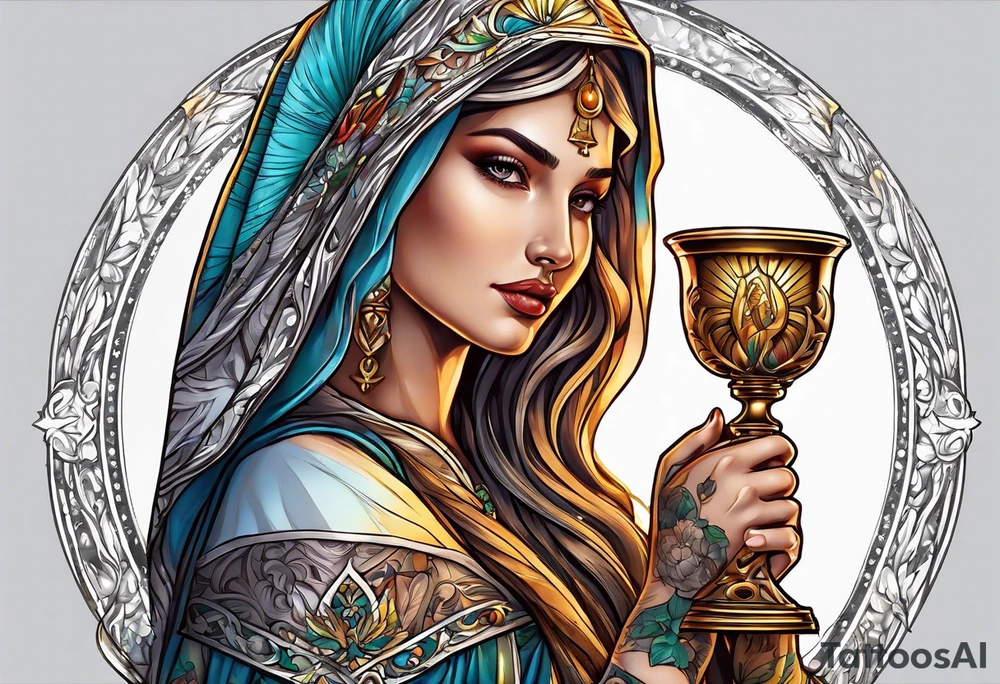 holy saint woman turned away
 holding a chalice tattoo idea