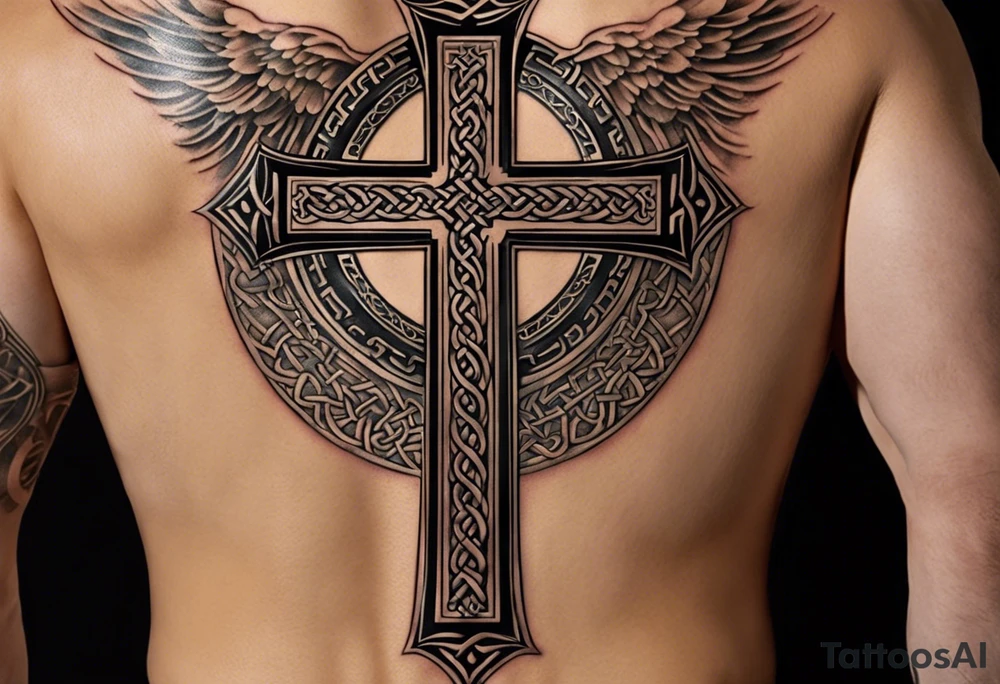 The tattoo features a Christian cross with a sharp lower end firmly planted into the ground. From the base of the cross, intricate roots extend outwards, symbolizing strength, growth, and deep roots in faith. The cross itself is adorned with intricate details, perhaps featuring Celtic or ornate patterns to add depth and texture.

On either side of the cross, two colossal dragon wings spread outwards, enveloping the cross in a protective embrace. The wings are dynamic and detailed, with scales, veins, and fine feather-like structures to convey the power and majesty of the mythical creature.

At the intersection of the cross, where the vertical and horizontal beams meet, there is a mesmerizing eyeball intricately depicted. The eye is detailed with vibrant colors and realistic shading, representing spiritual insight, watchfulness, and divine presence. tattoo idea