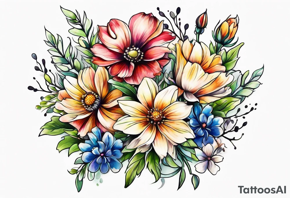 long stem wildflower bouquet tattoo idea
