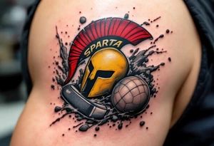 An abstract tattoo of a puck and ball crashing together, merging into the red-and-yellow Sparta logo. tattoo idea