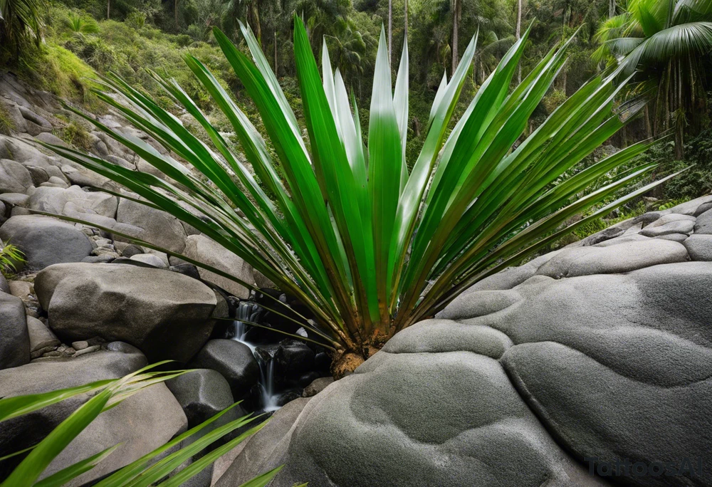 Tattoo: A striking Gachala emerald sits at the base of a tall quindio wax palm, which grows resiliently from cracks in rugged, rocky soil. The emerald is the main focal point, symbolizing strength and endurance, while the wax palm, rooted in the soil’s crevices, represents growth and resilience. A small water stream flows gently from the rocks, adding an element of life and nourishment tattoo idea