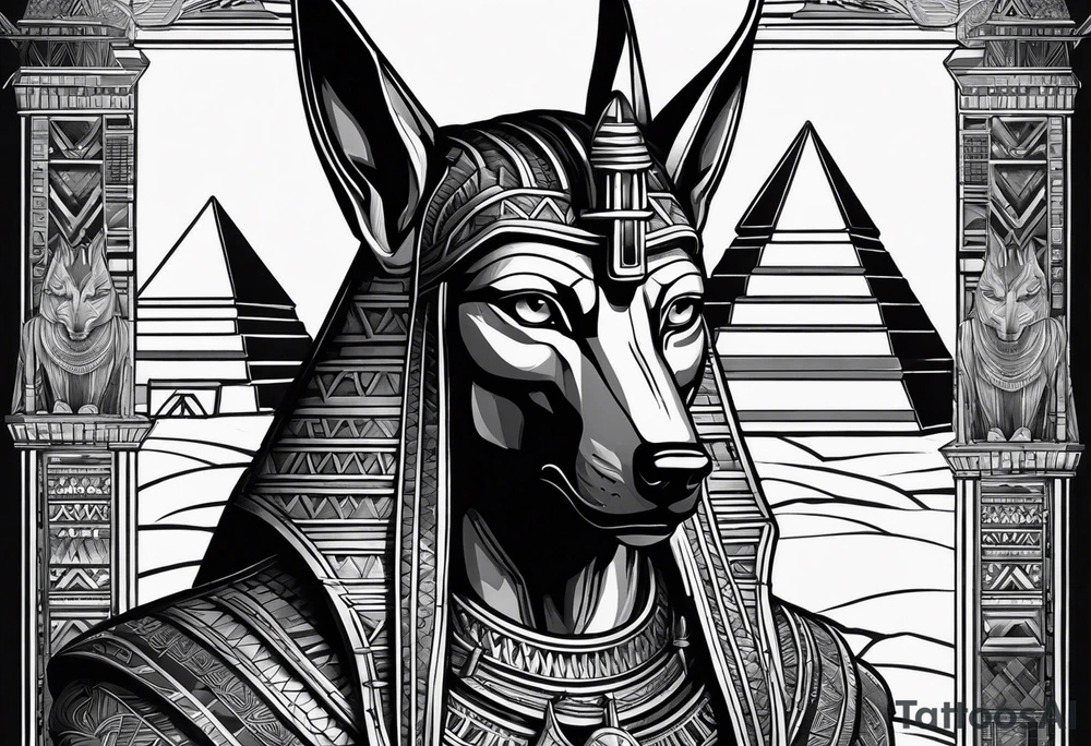 Strict Anubis portrait with pyramids on the background tattoo idea