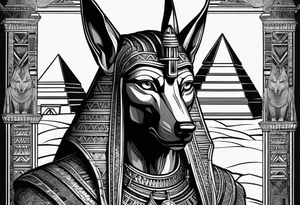 Strict Anubis portrait with pyramids on the background tattoo idea