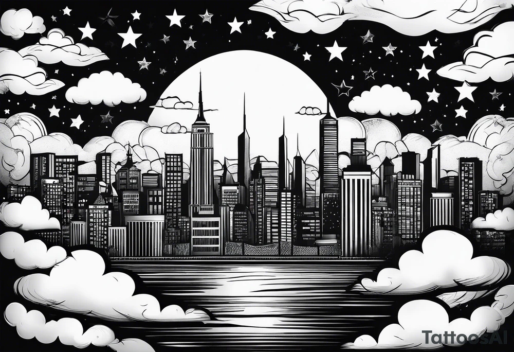 stars, clouds, city tattoo idea