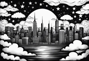stars, clouds, city tattoo idea