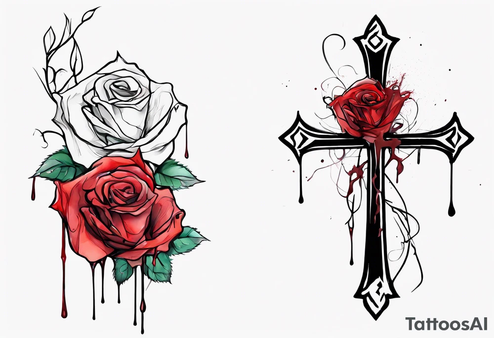 rose flower, one line, red blood dripping from the flower, tall, watercolor, with a Christian cross entangled by the stem tattoo idea