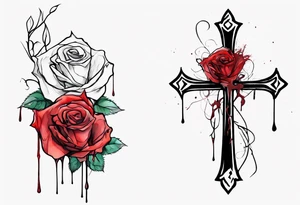 rose flower, one line, red blood dripping from the flower, tall, watercolor, with a Christian cross entangled by the stem tattoo idea