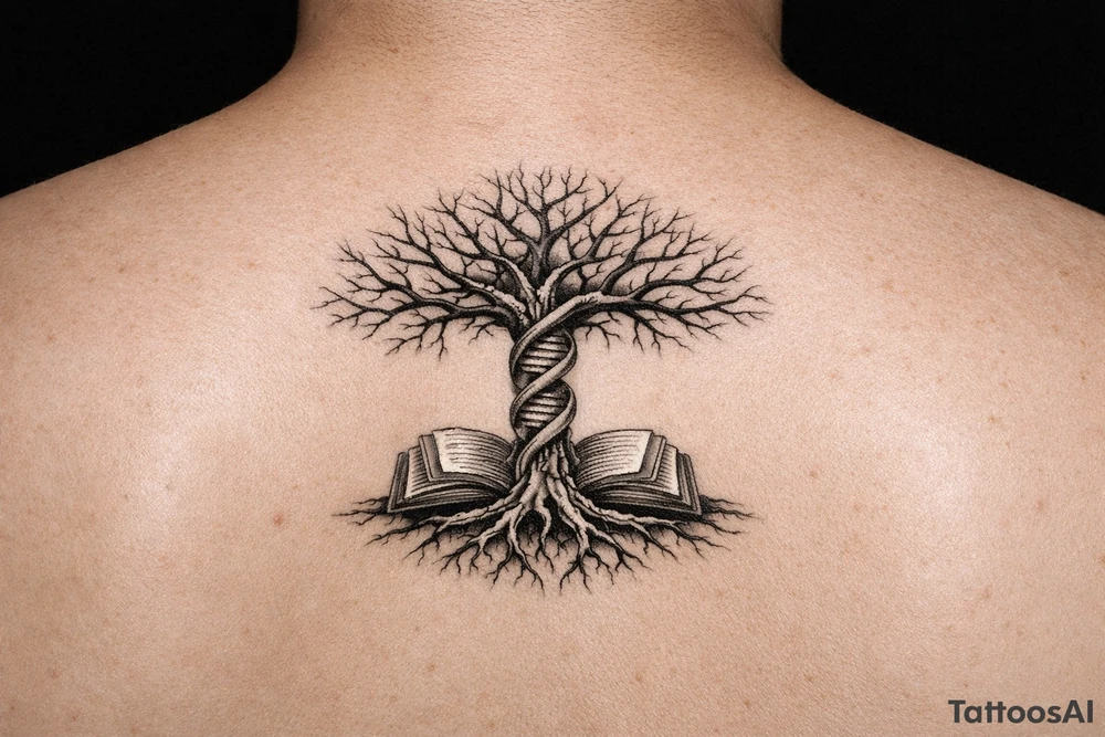 tree of life with a dna spiral for the trunk, bare branches spreading out to represent speciation/evolution, and roots sprouting out of open books to represent knowledge tattoo idea