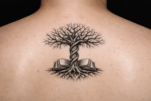 tree of life with a dna spiral for the trunk, bare branches spreading out to represent speciation/evolution, and roots sprouting out of open books to represent knowledge tattoo idea
