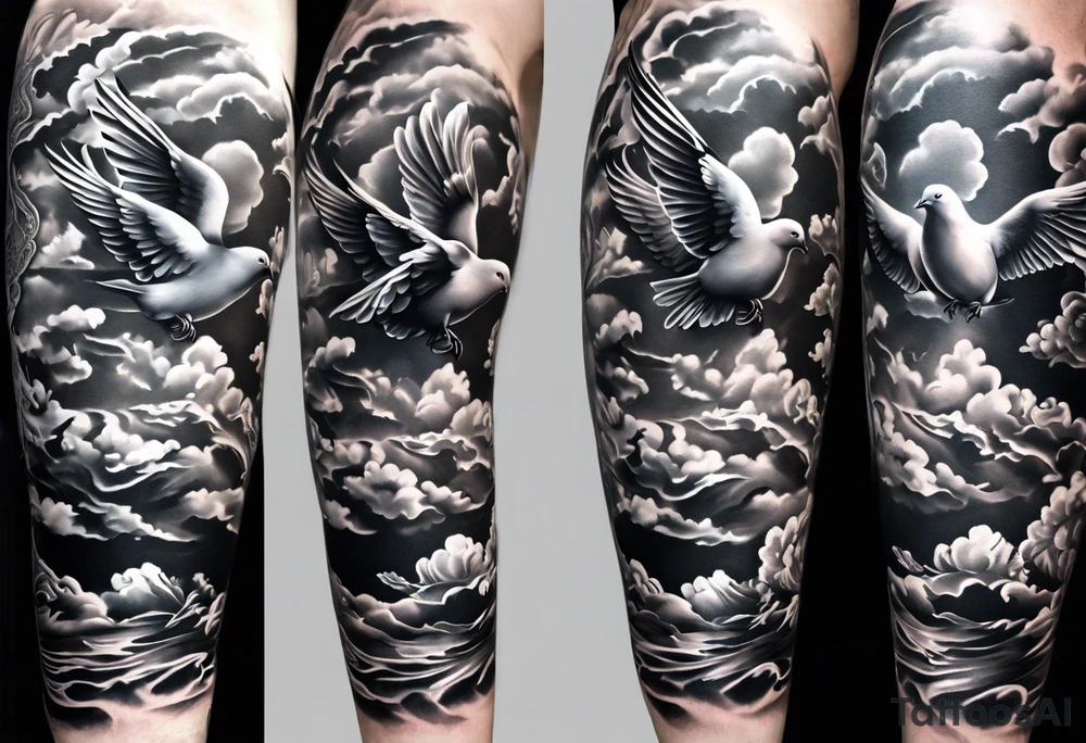 religious leg sleeve with nature, doves, clouds and angel tattoo idea