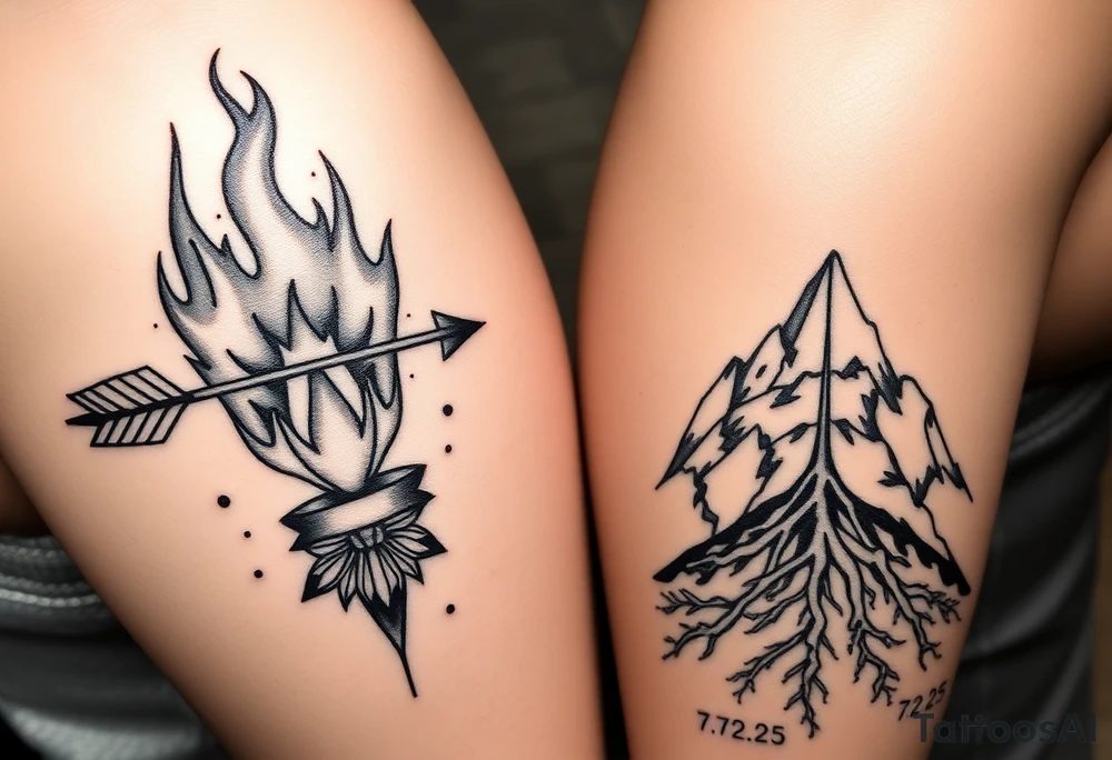 Your tattoo: A roaring flame with a graffiti-style arrow (representing the Sagittarian archer) piercing through it. The arrow's fletching can subtly integrate your initial 'J' in a fluid script. The flame can be rendered in black and grey for a hardcore look, with just a hint of red or orange smoldering in the embers.
His tattoo: The cracked earth or a mountain range with roots, rendered in a bold, blackwork style. A detailed, minimalist ear of wheat (Virgo's symbol) grows from the cracks, and the root system below can be shaped to form his initial 'T.'
Connection: When you stand side-by-side, the flame and cracked earth meet, symbolizing the intensity and stability of your bond. The date "7.27.25" can be tattooed in a small, hidden numerical code, perhaps disguised within the arrow's grip or the mountain's cracks. tattoo idea
