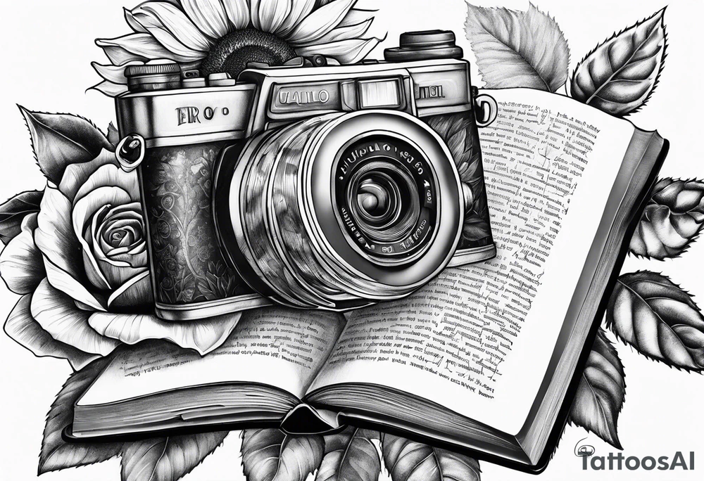 sunflower, camera, flower rose , book tattoo idea