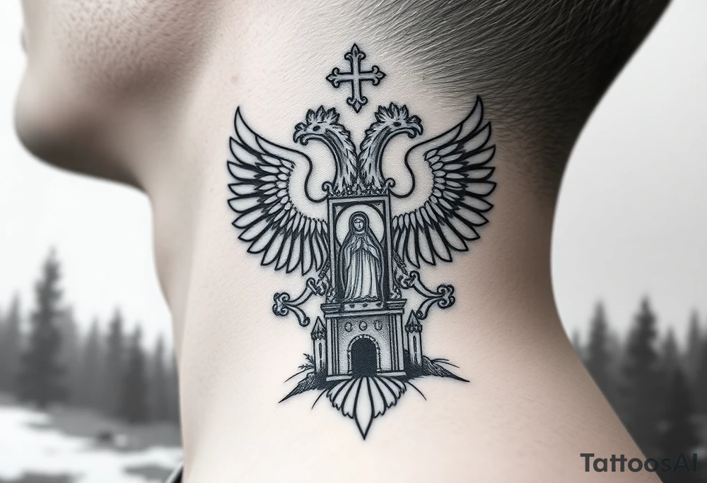 russian coat of arms double headed eagle traditional christian orthodox cross with a virgin mary stood in the entrance of a russian orthodox dome church on the side of the neck in a wilderness setting tattoo idea