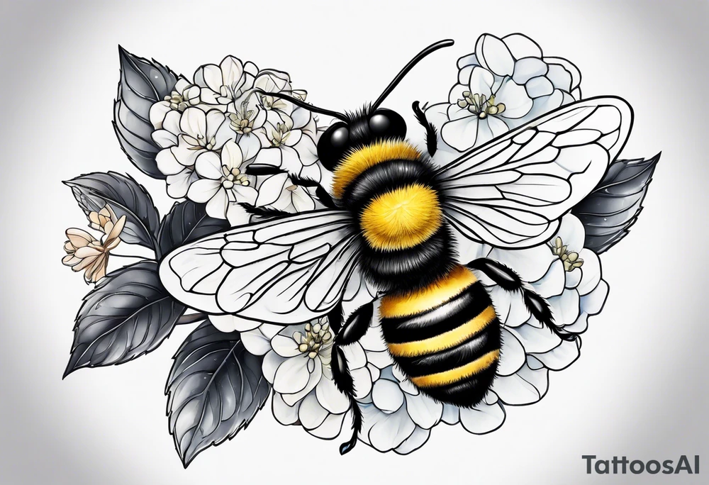 Small tattoo. There’s a hydrangea and a bee but they are not touching. Make the bee smaller than the hydrangea and have the bee off to the side. tattoo idea