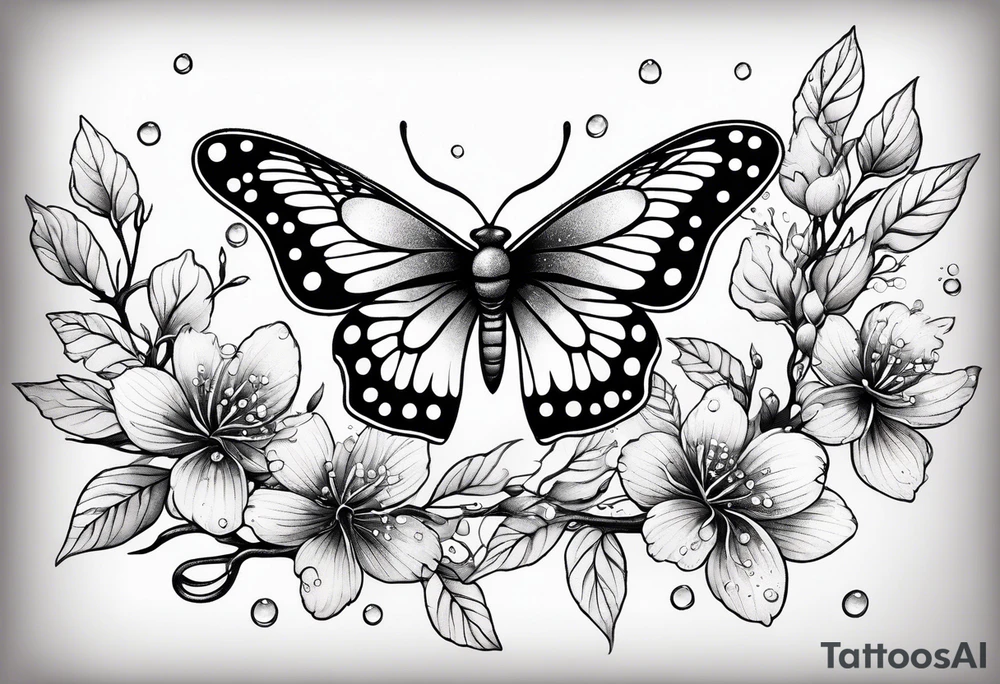 Winding branches and leaves and tiny flowers with a small moth and bubbles tattoo idea