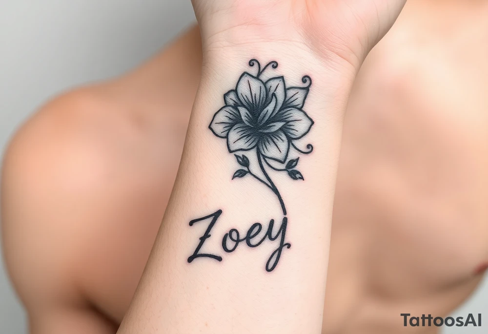 Tattoo on inside wrist just below palm. A flower with curling tendrils draping up inside of arm about 3" with the name Zoey tattoo idea