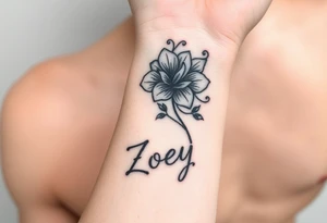 Tattoo on inside wrist just below palm. A flower with curling tendrils draping up inside of arm about 3" with the name Zoey tattoo idea