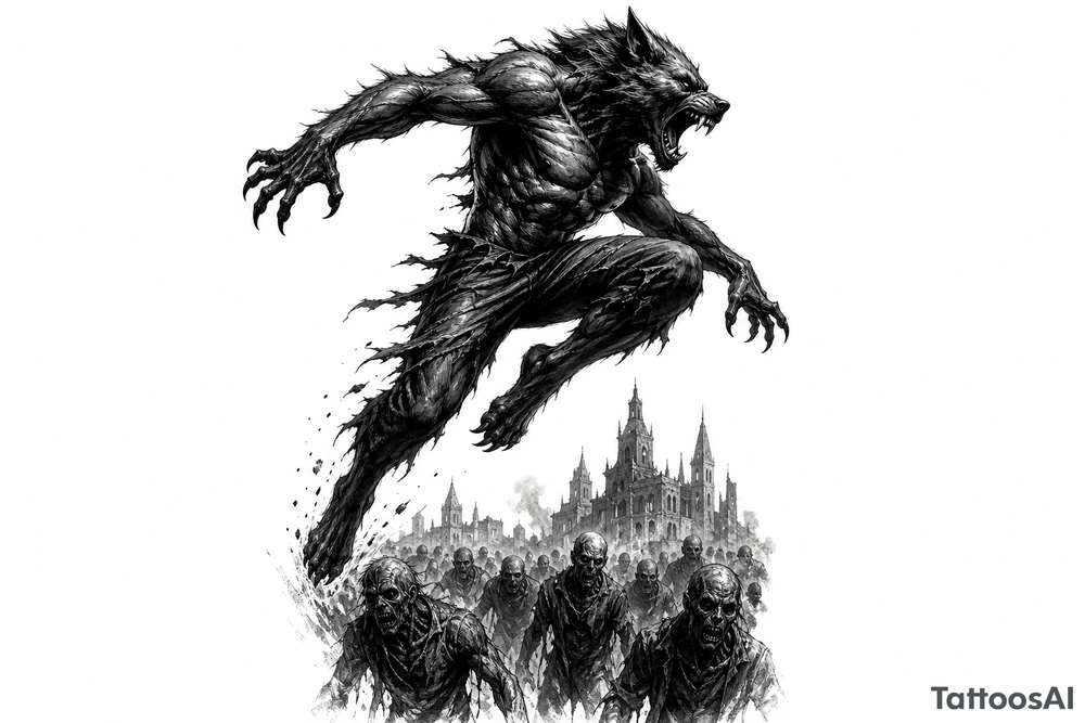 Dynamic silhouette of a werewolf jumping, with a distant zombie horde below. tattoo idea