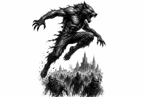 Dynamic silhouette of a werewolf jumping, with a distant zombie horde below. tattoo idea
