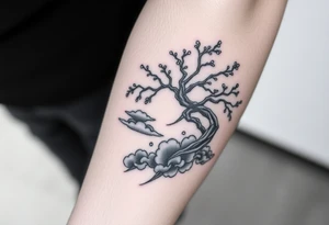 warrior with clouds and blossom tree tattoo idea