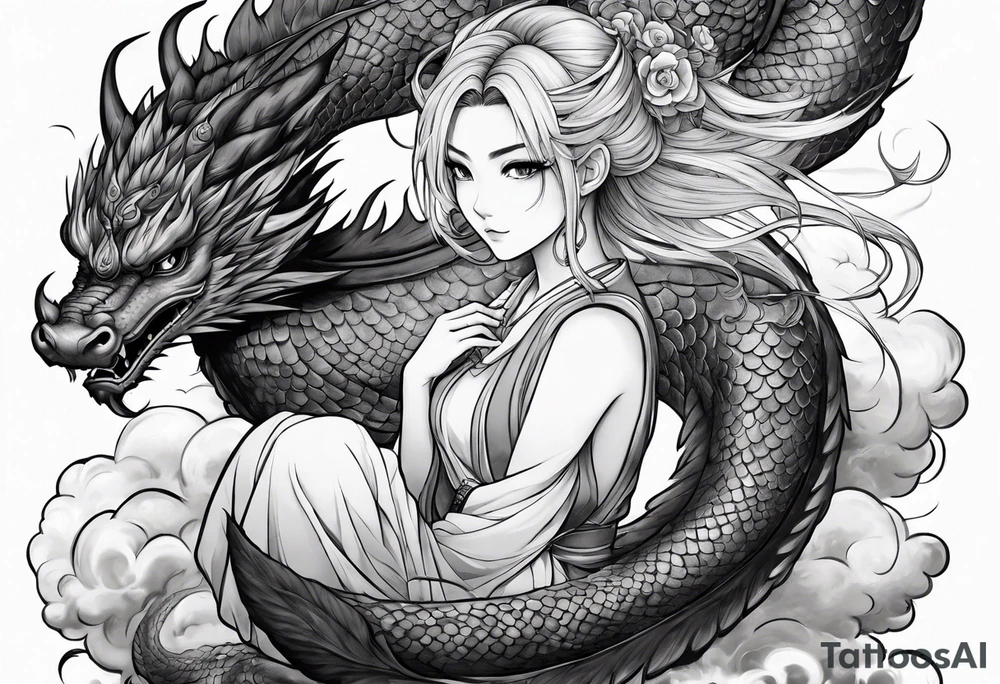 an anime girl sitting on a asian dragon surrounded by cloud tattoo idea