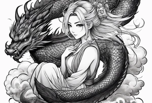 an anime girl sitting on a asian dragon surrounded by cloud tattoo idea