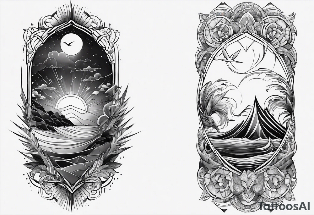 From left shoulder to forearm sleeve tattoo. Fine line geometric, concept design tattoo, ocean thunder fire nature tattoo idea