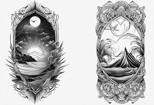 From left shoulder to forearm sleeve tattoo. Fine line geometric, concept design tattoo, ocean thunder fire nature tattoo idea