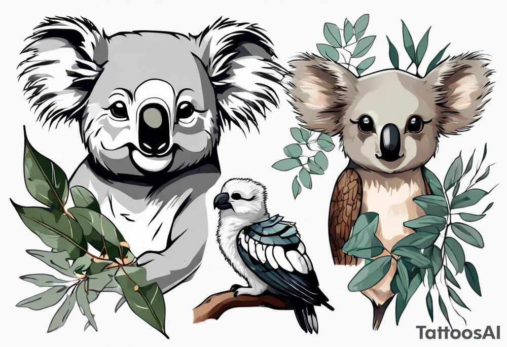 A koala with a kookaburra with eucalyptus leaves and wattle leaves tattoo idea