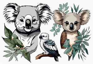 A koala with a kookaburra with eucalyptus leaves and wattle leaves tattoo idea